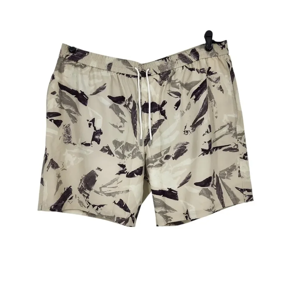 NWT Club Monaco Bo Print Beige 7” Mid Length Drawstring Swim Trunks Size 2XL